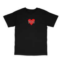 a black t - shirt with a red heart on it