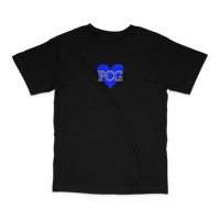 a black t - shirt with a blue heart on it